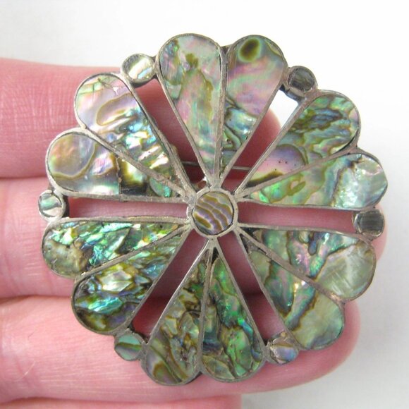 Taxco Mexico Vintage Sterling Silver Abalone Shell Inlay Brooch Pin Brooche RU - Picture 3 of 8